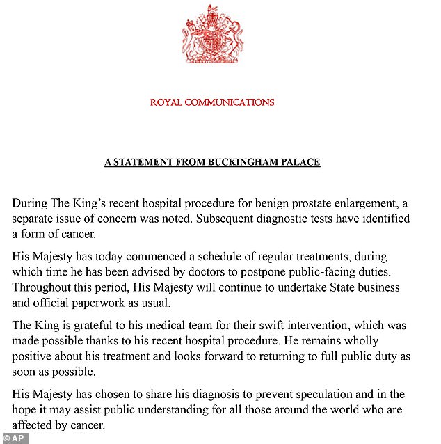 Buckingham Palace announced that the king had begun a schedule of regular treatments and was postponing his public duties