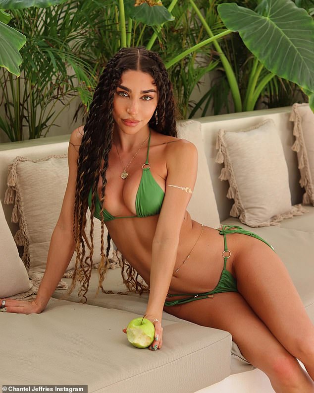 Chantel Jeffries posed in a tiny green string bikini for her Instagram page on Monday