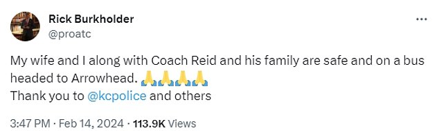 Chiefs Vice President of Sports Medicine and Performance Rick Burkholder confirmed that Reid and his family, including wife Tammy, were safe and on their way to Arrowhead