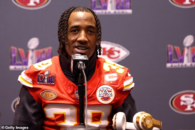 L'Jarius Sneed speaks to the media ahead of the Chiefs' victory in Super Bowl LVIII