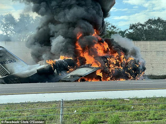 A private plane crashed into cars on a major highway, causing a massive explosion and killing two of the five people on board