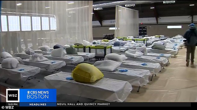 Beds for 400 migrants are on display at the sports centre, which is off-limits to the local community until May 31.