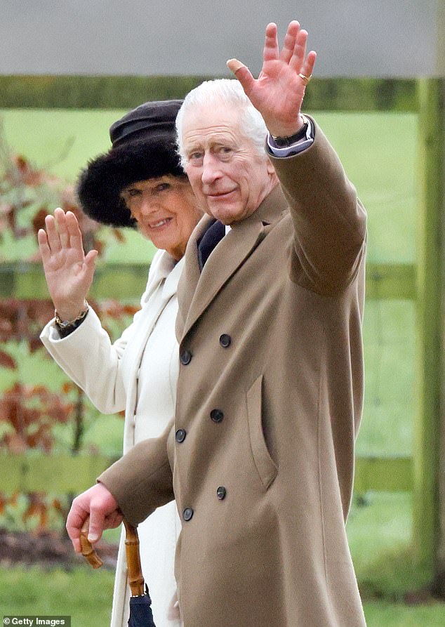 King Charles and Queen Camilla attend Sunday service at the Church of St. Mary Magdalene on the Sandringham Estate on February 11