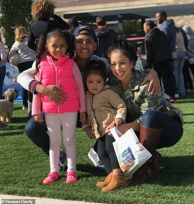 Alberto Vasquez, Jr., (center) was just 35 when he was shot and killed by a man during a carjacking through Washington, DC, on Monday evening.  He was the father of two young daughters (pictured here)