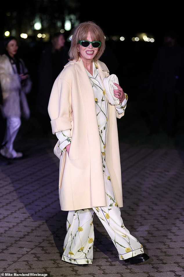 Dame Joanna Lumley looked effortlessly chic as she stepped out at the Burberry show in Victoria Park, East London, during London Fashion Week on Monday, wearing a pair of statement green shades