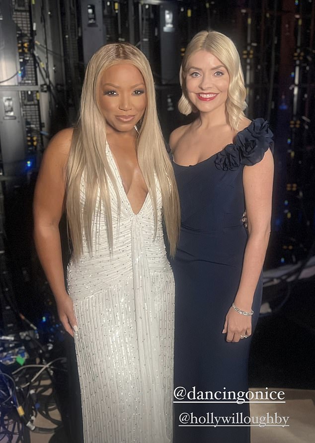 Holly posed with actress Marisha Wallace, who is currently playing Miss Adeleide in Guys & Dolls at the Bridge Theater in London, as she prepared to appear in the show