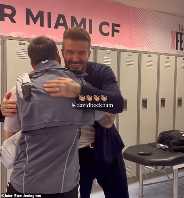 David Beckham greets Lionel Messi after the Inter Miami team landed in Hong Kong this week