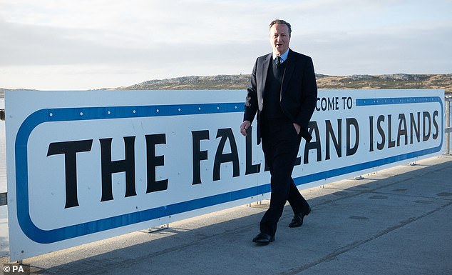 Lord David Cameron walks around Port Stanley in the Falkland Islands.  Date of photo: Monday February 19, 2024