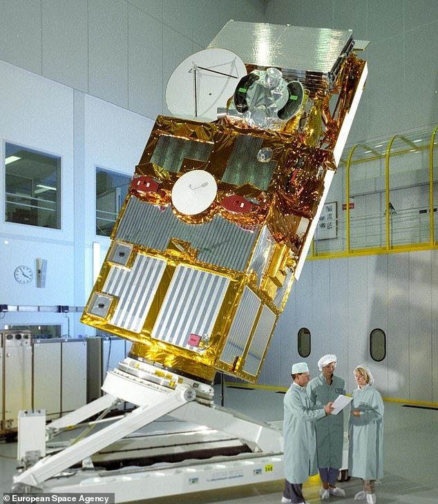 ERS-2 satellite before launch.  ERS-2 was launched in 1995, succeeding its sister, the first European Remote Sensing satellite ERS-1, which was launched in 1991.  The two satellites were designed as identical twins with one key difference: ERS-2 included an additional instrument to monitor ozone levels in the atmosphere