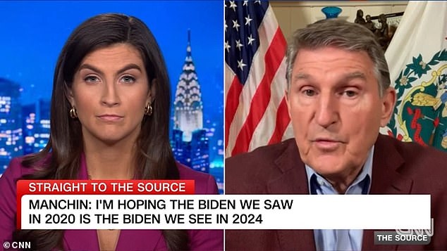 Democratic Senator Joe Manchin (right) declined to endorse President Joe Biden, telling CNN's Kaitlin Collins (left) that he was not supporting anyone at this time