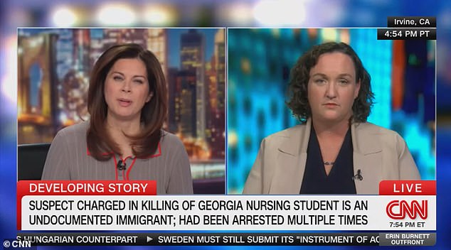 Representative Katie Porter (right), a Democratic candidate for the US Senate in California, told CNN's Erin Burnett (left) on Monday evening that the death of 22-year-old Laken Riley 