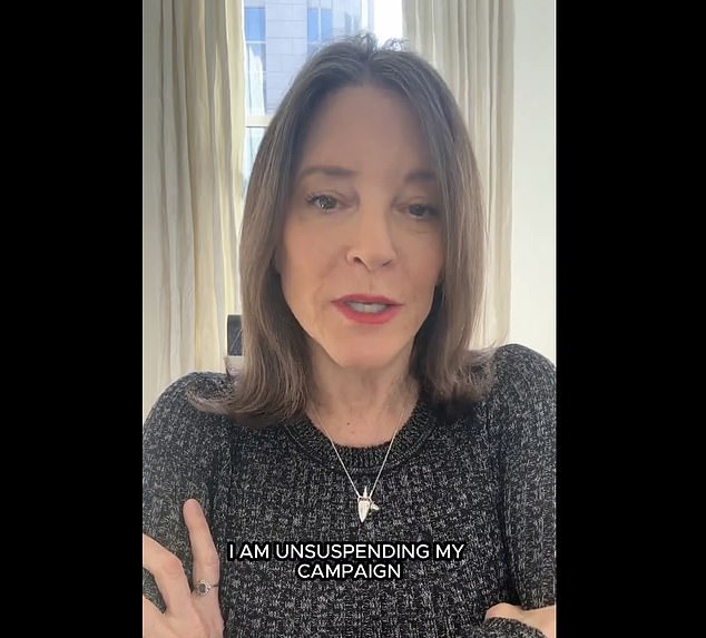 In a video message to supporters, Democratic presidential candidate Marianne Williamson said Wednesday morning that she was re-entering the 2024 White House race