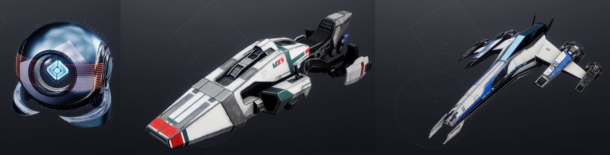 In-game screenshots of the Enhanced Defense Ghost Shell, Alliance Scout Frigate Ship, and Alliance Drop Ship Sparrow in Destiny 2