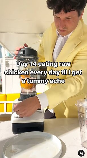 He is now on day 14 of the 'experiment' and has shared photos of himself drinking blood from raw chicken and turning chicken breast into smoothies