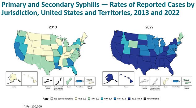 The two maps show how the number of syphilis cases in the US has shifted since 2013