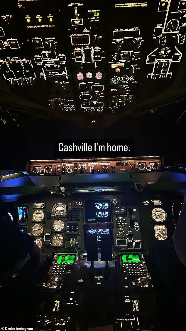 Taking to Instagram, the hitmaker shared a photo from the cockpit of his jet with the caption: 'Cashville, I'm home'