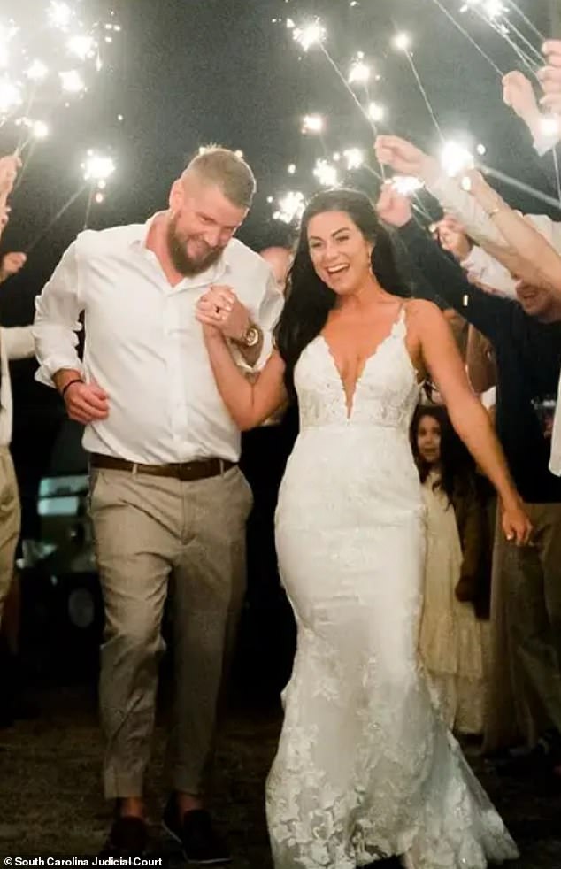 Samantha and Aric Hutchinson are pictured at their wedding ceremony in Folly Beach, South Carolina.  Samantha was murdered shortly after the photo was taken