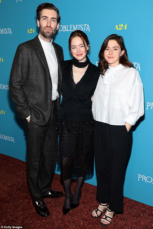 Emma Stone hit the red carpet with her husband Dave McCary at the Problemista screening at the Village East Cinema in New York on Tuesday (pictured with Ali Herting)