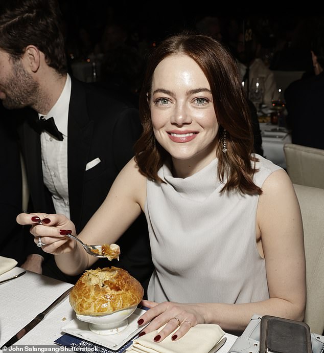 Emma Stone revealed she ate a whopping '60 Portuguese tarts' as her character Bella Baxter in the critically acclaimed film Poor Things;  to be seen on Sunday at the 2024 Producers Guild Awards