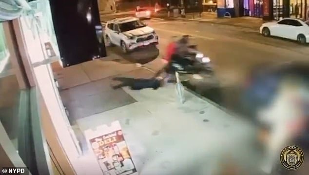 Venezuelan migrant gangsters in New York City drag a 62-year-old woman behind their moped and slam her into a bike rack (above) before making off with her cell phone.