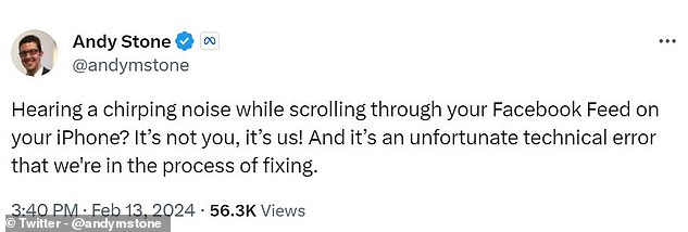 Facebook communications officer Andy Stone confirmed that the strange chirping sound users were hearing was caused by a technical issue