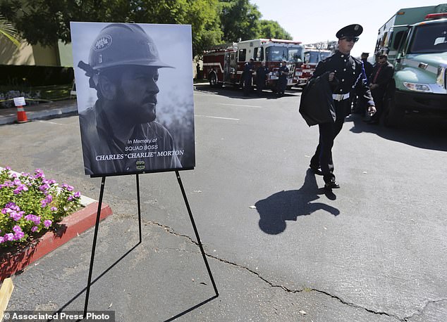 Firefighters arrive to attend a memorial for Charles Morton, the U.S. Forest Service firefighter assigned to the Big Bear Hotshots who was killed in the line of duty on September 17, 2020.