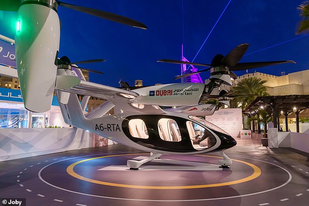 VTOL aircraft can rise straight into the air instead of having to build up speed on the ground first, requiring less runway space.  Here Joby's electric air taxi is seen at the World Governments Summit in Dubai