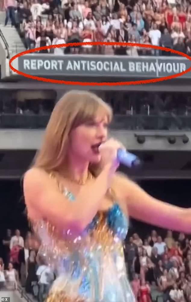 Australia was condemned as a 'police state' by some Swift fans after fans spotted a 'report anti-social behaviour' sign at the superstar's concert in Sydney (pictured)