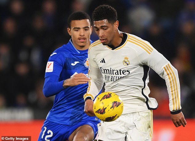 Jude Bellingham (white) and Mason Greenwood (blue) faced off in the derby clash on Thursday evening