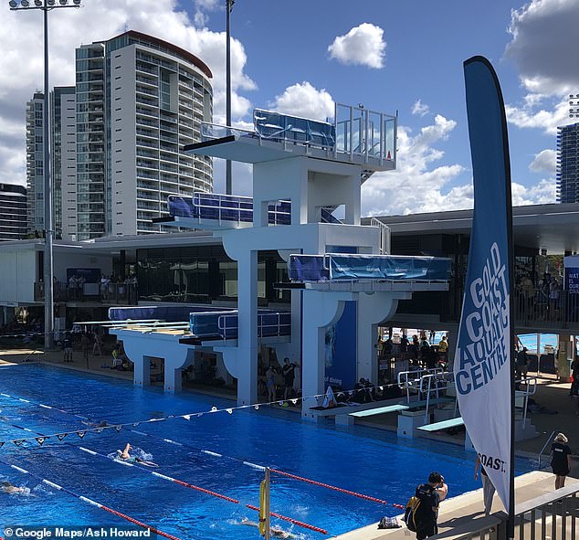 A father is still haunted by the image of his daughter after she fell headfirst onto concrete from a 3m diving board at the Gold Coast Aquatic Center (pictured) - the girl suffered multiple fractures but later recovered