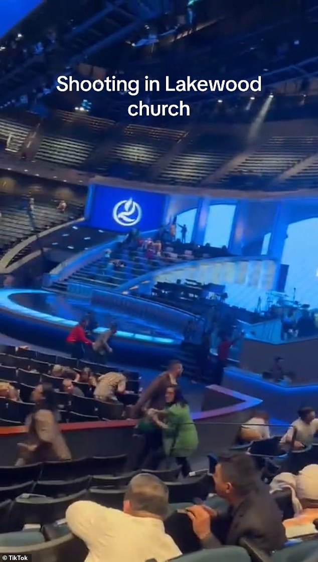 A harrowing video shows the moment worshipers at Joel Osteen's Lakewood Church took cover as shots rang out in the Texas congregation