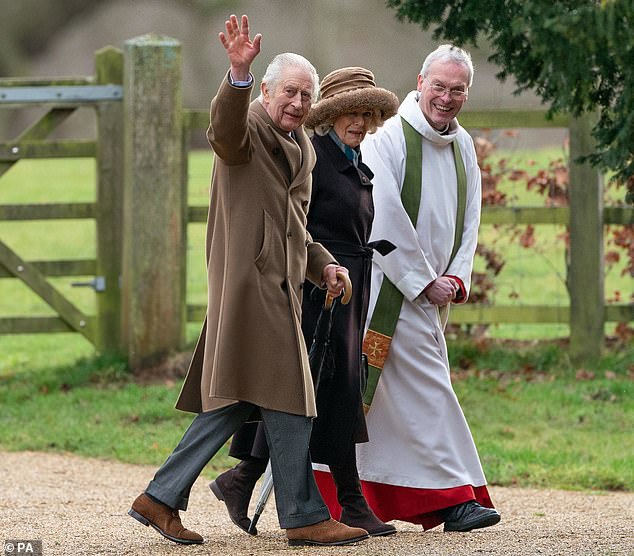 Buckingham Palace revealed last night that King Charles has an unspecified form of cancer.  It was found during treatment for his enlarged prostate.  The 75-year-old does not have prostate cancer, the most common form among older men.  Above: Charles was last seen waving to well-wishers as he attended a service with his wife Queen Camilla at St Mary Magdalene Church in Sandringham, Norfolk, on Sunday.