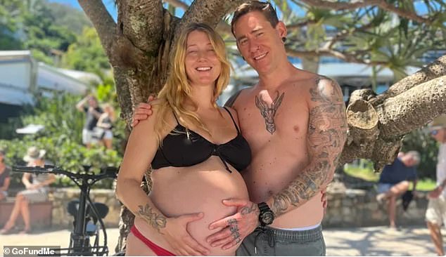 Ryan Steinbeck (pictured right) made a remarkable recovery from emergency brain surgery at his wife's side (pictured left) as she gave birth to the couple's fourth child