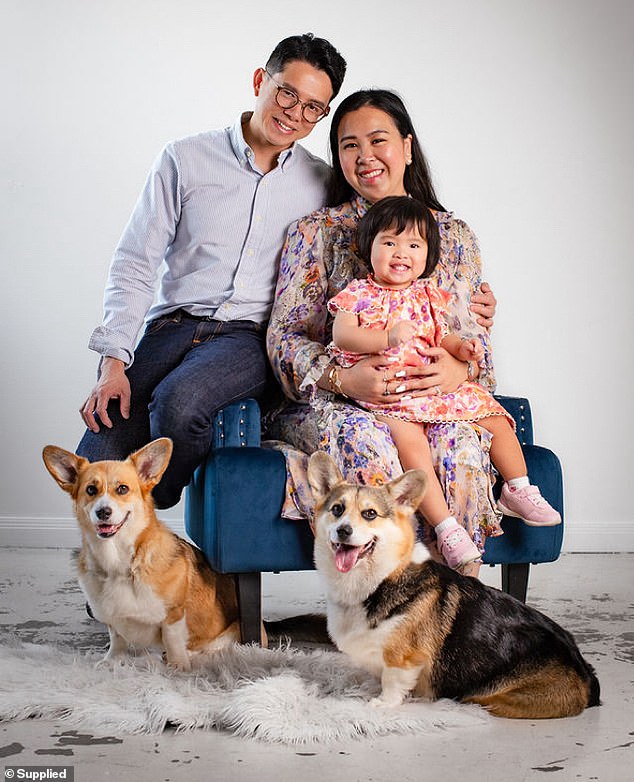 Joyce Wong, from Sydney, launched Char Cosmetics on January 6, 2022. The Magic GLue is the brand's 'hero product' that can be used to correct hooded and monolid eyelids (Joyce Wong pictured with husband Celvin, their toddler daughter Amelia and two 'furbabies')