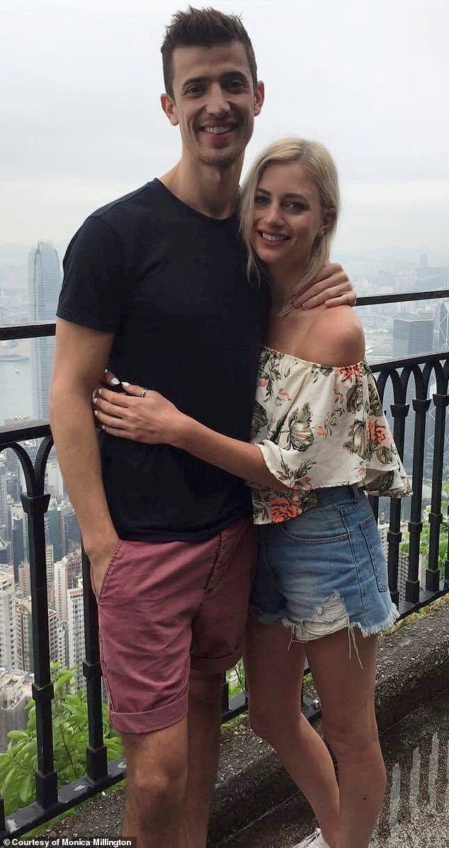 A woman has been married to her childhood sweetheart for 12 years after they met in a hotel lobby at the age of 14 while on holiday with their family (pictured now)