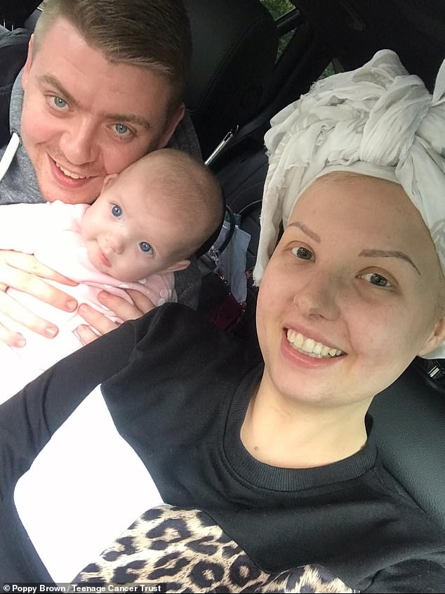 Poppy Brown was just 23 when she was diagnosed with Ewing's sarcoma - a rare form of bone cancer (pictured with her partner Tom and baby Bella)