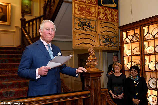 Charles gives a speech alongside Crop Trust Executive Director Marie Haga as he hosts a Crop Trust reception at Clarence House on January 30, 2018