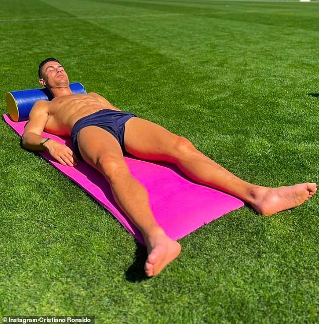 The next day, Ronaldo showed off his toned physique while sunbathing after Al-Nassr training