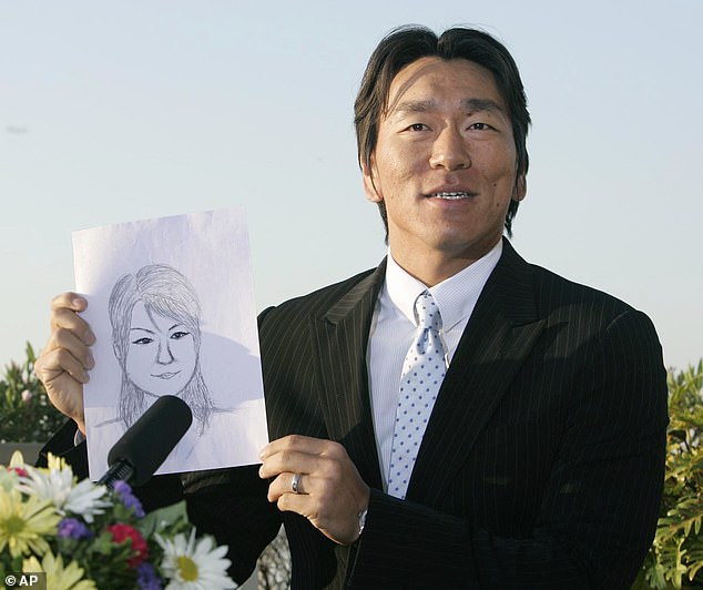 Hideki Matsui (pictured) is seen holding a drawing of his new bride in March 2008