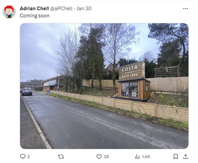 The summer house was mocked on Twitter, with one user photoshopping a 'Costa coffee & drive through' sign onto the shop front above