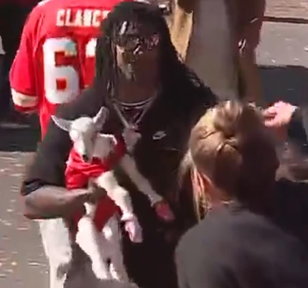 Chiefs running back Isiah Pacheco was seen by KC with a baby goat in his arms