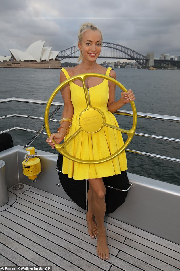 Jackie 'O' Henderson (pictured) turned heads in a striking yellow dress as she sailed into Sydney Harbor among a host of other stars