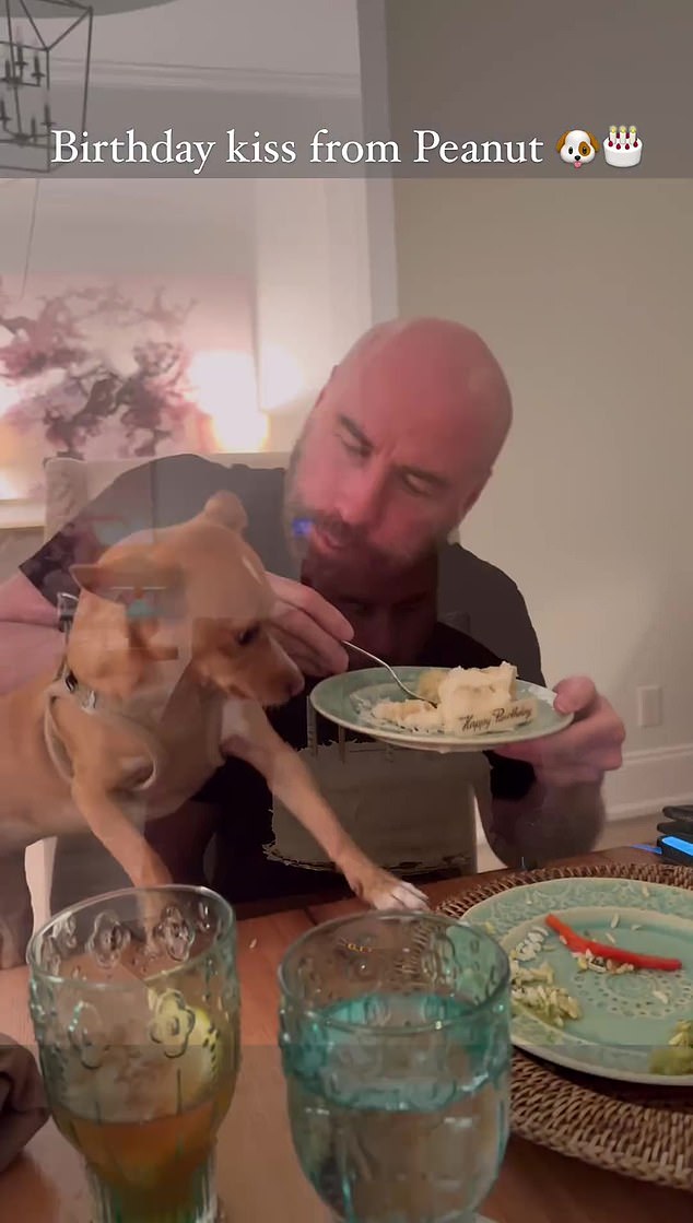 In the next clip, his beloved dog Peanut kissed him as he held a plate with a partially eaten piece of his birthday cake.  