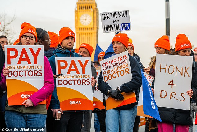 Junior doctors on the picket line outside St Thomas Hospital in London during the latest wave of strikes in January