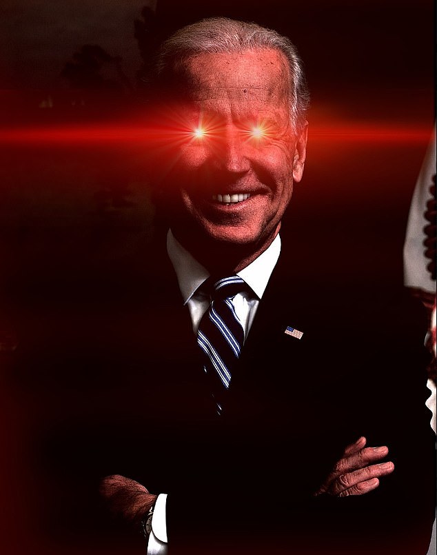 The image shows Biden with red laser for eyes, with the name coming from a meme that originally started as a right-wing slogan: 'Let's Go Brandon'