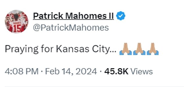 Mahomes shared a post on social media about an hour after the shooting