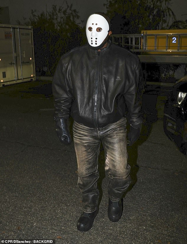 Kanye West channeled horror villain icon Jason Voorhees as he rocked a hockey mask at a family event in Los Angeles on Friday