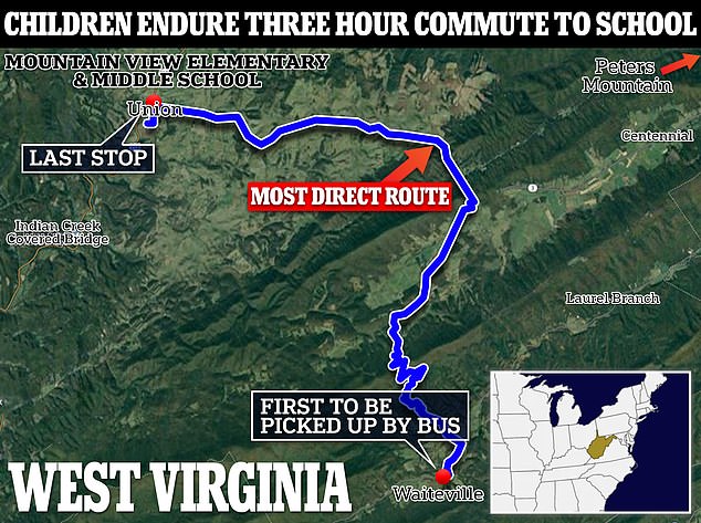 The blue line on the map shows the most direct route from Waiteville to the last stop in Union at Mountain View Elementary and Middle School