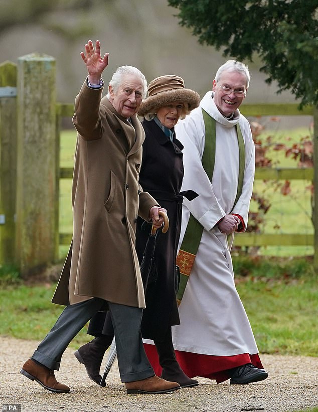 King Charles and Queen Camilla looked cheerful as they walked to St Mary Magdalene Church on the Sandringham estate this morning