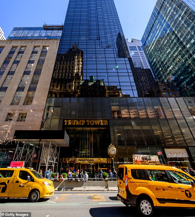 A view of the Trump Tower on 5th Avenue in Manhattan on March 21, 2023. In one example, Trump was accused of knowingly inflating the value of his penthouse by claiming it was 30,000 square feet, when it was just over 10,000 square meters.